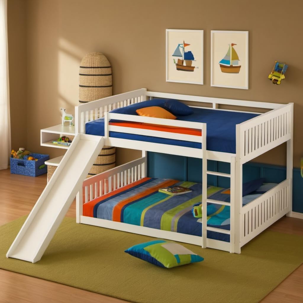 Photo 1 of *ONLY BOX 1 OF 2, PARTIAL SET*PVWIIK Full Over Full Bunk Bed with Slide & Ladder for Kids Bedroom,Wood Bed Frame with Safety Rails & Headboard and Footboard,No Box Spring Needed,White