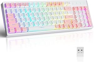 KOLMAX GK98 Wireless Gaming Keyboard,2.4G Rechargeable RGB White Backlit Ergonomic 98 keys Mechanical Feeling Dual Color Keyboard for Office Windows Mac PC Xbox PS4 Gamer(WhitePink)