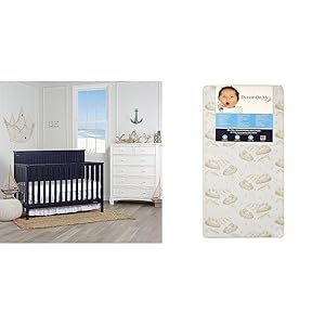 Dream On Me Alexa 5 in 1 Convertible crib, Navy with Dream On Me Spring Crib and Toddler Bed Mattress, Twilight