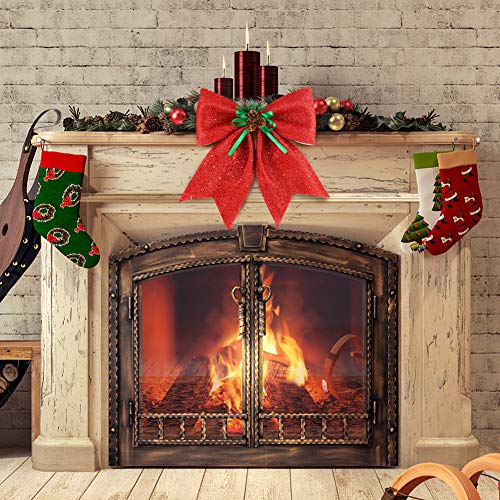 BigOtters Christmas Decorative Bows, 14.5 x 13 Inches Large Glitter Bows Sparkly Bows with Pine Cones for Wreath Garland Treetopper Xmas Tree Ornament Home Wall Door Decor, Red