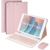 Nsyee Keyboard Case for iPad 9.7 inch 2018 (6th Gen)/ 2017 (5th Gen)/2016 iPad Pro/Air 1/2, Detachable Bluetooth Keyboard Case with Pencil Holder and Mouse for 9.7 inch, Auto Sleep/Wake, Pink