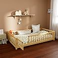 i-POOK Twin Floor Bed for Children, Sturdy Wood Montessori Bed Frame with Wood Slats, Fence & Door, Montessori Floor Bed for Girls and Boys, Natural