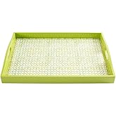 Caspari Trellis Lacquer Large Rectangle Tray in Green – 21” x 15” Decorative Serving Tray, Handcrafted Wood & Lacquer Finish, Elegant Geometric Art Design, 1 Each