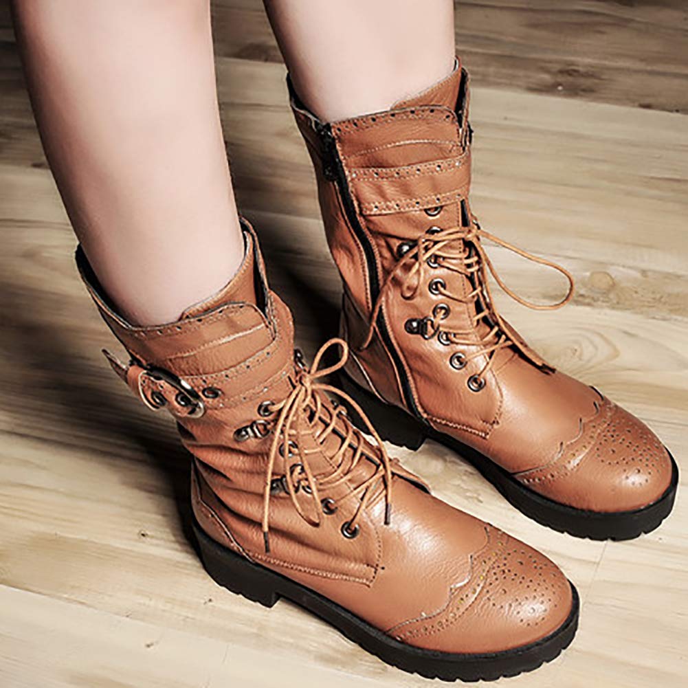 Odema Womens Round Toe Military Lace Up Low Heel Mid Calf Combat Boot - Image 5