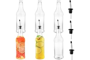Boocalny 6 Pieces 32oz Plastic Long Neck Bottles with Pourer and Caps, Plastic Juice Pour Bottles with Stainless Steel Bottle