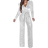 Women's Sparkly Jumpsuits Sexy Long Sleeve Cocktail Elegant Mock Neck Bodycon Straight Long Pants Rompers with Pockets