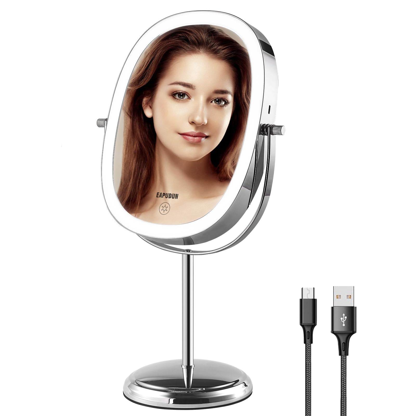 Photo 1 of EAPUDUN 9" Makeup Mirror with Lights – 2-Sided Tabletop Vanity Mirror with 7X Magnification, 3 Color Modes, 84 LED Beads 360° Rotation Vanity & Rechargeable