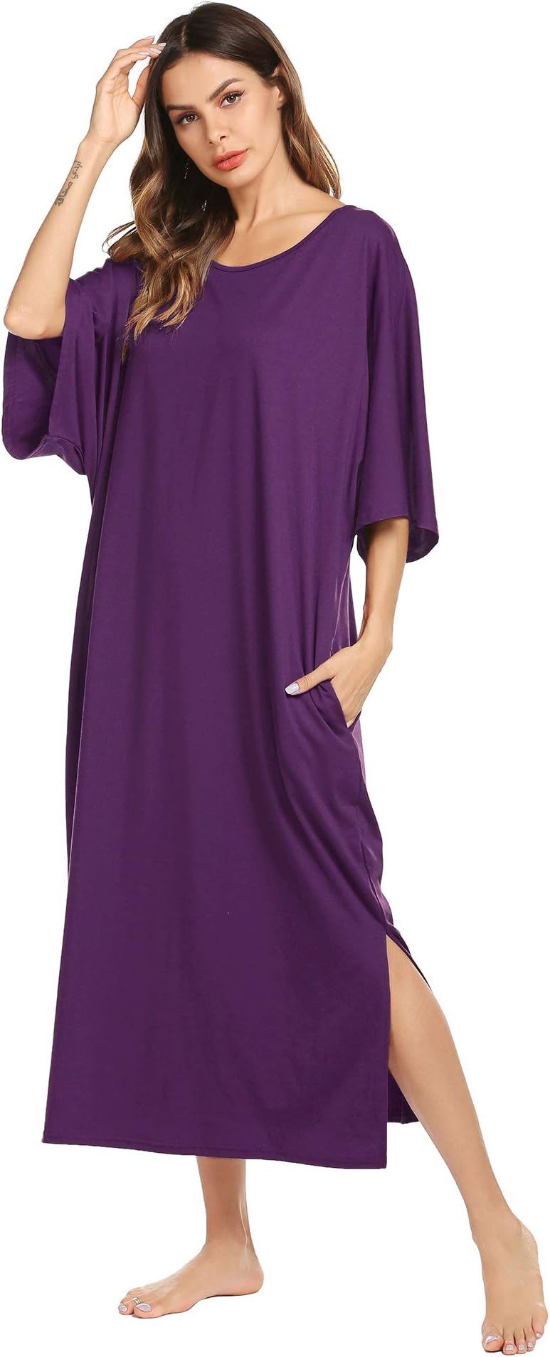 Ekouaer Women's Nightgown Short Sleeve Sleepshirt Long Loungewear Casual Maxi Lounge Dress House Dresses with Pockets