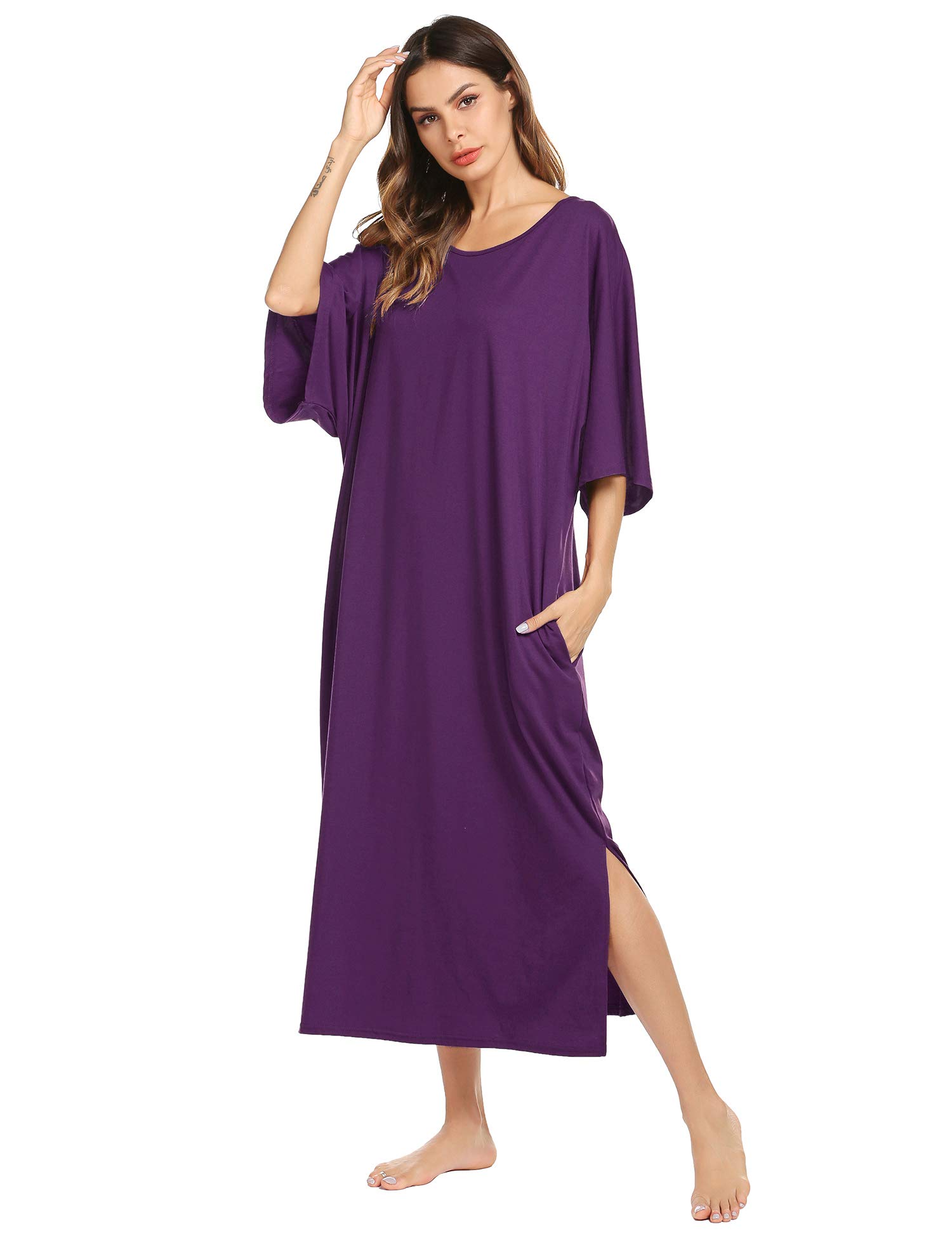 Ekouaer Women's Nightgown Short Sleeve Sleepshirt Long Loungewear Casual Maxi Lounge Dress House Dresses with Pockets