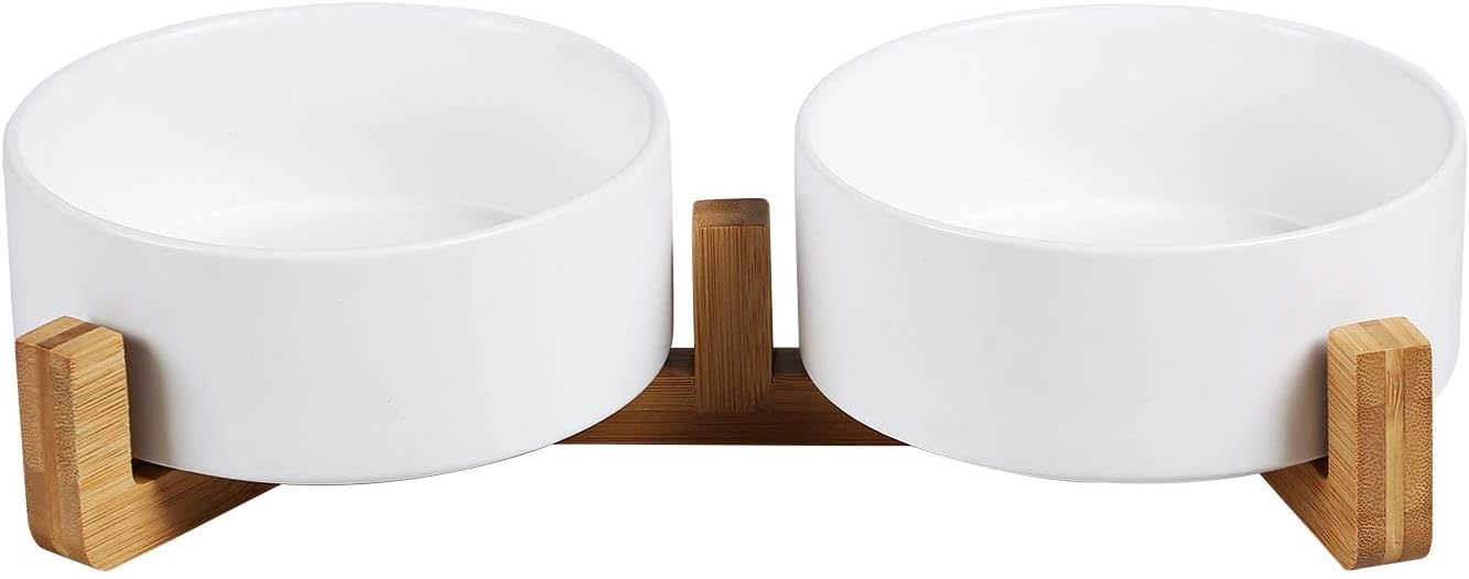 Ceramics Dog and Cat Bowl with Wood Stand Non-Slipped Bottom Food Water Feeder for Cats &Small Dogs
