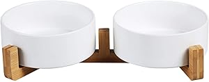 Ceramics Dog and Cat Bowl with Wood Stand Non-Slipped Bottom Food Water Feeder for Cats &Small Dogs