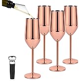 Lifecapido 4 Pack Stainless Steel Champagne Glasses, 8oz Elegant Stainless Steel Champagne Flutes, Stemmed Unbreakable Champagne Glasses for Party Wedding Christmas Anniversary, Rose Gold