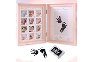 weallbuy Baby Picture Frame First Year, Baby Handprint and Footprint Kit with Ink Pad, 12 Month Milestones Baby Gift, Anniversary Growth Record Keepsake for Mom/Newborn (Pink Foldable)