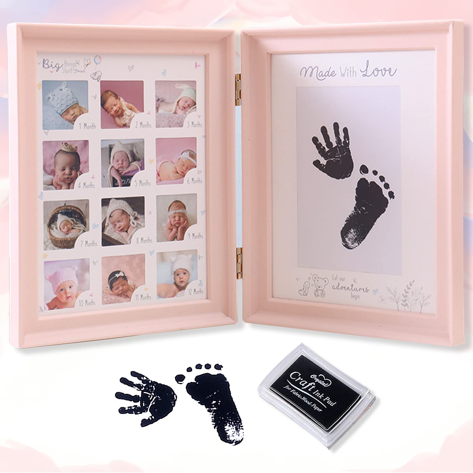 LEcylankEr Baby Handprint and Footprint Photo Album Baby Picture Frame First Year Anniversary Growth Record Baby Gifts, Foldable Double Use Photo Frame with Refillable Ink Pad (Pink)