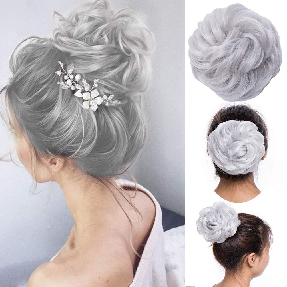 Messy Hair Bun Hair-Scrunchies Extension Curly Wavy Thick Synthetic Chignon for women Updo Hairpiece Ponytail HairAccessories Silver Gray