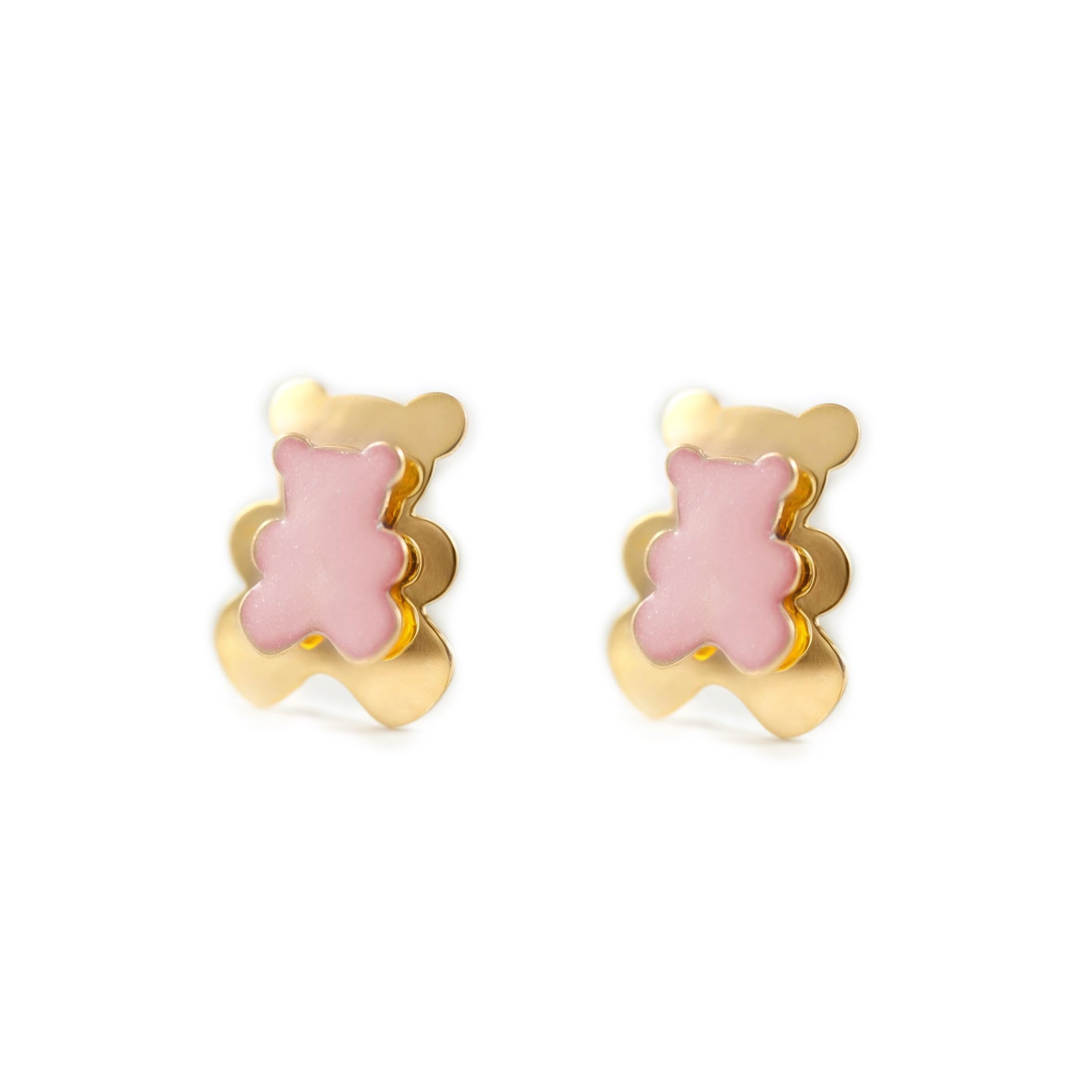 Mondepetit - 9ct Yellow Gold Light Pink Enamel Bear Children's Girls Earrings shine