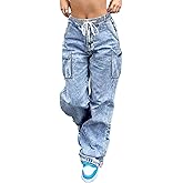 Cargo Jeans for Women Wide Leg High Waisted Stretchy Multi Pockets Baggy Denim Cargo Pants