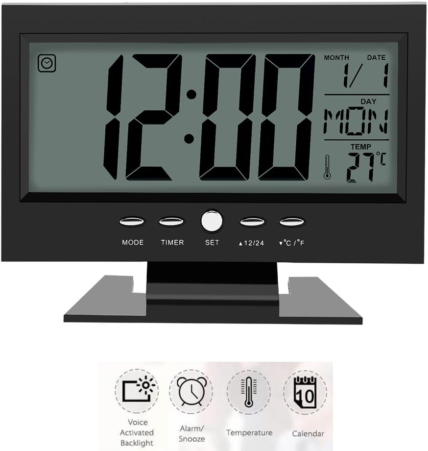 Electric Alarm Clock, LCD Display Digital Smart Nightlight Sound Sensor Table Desk