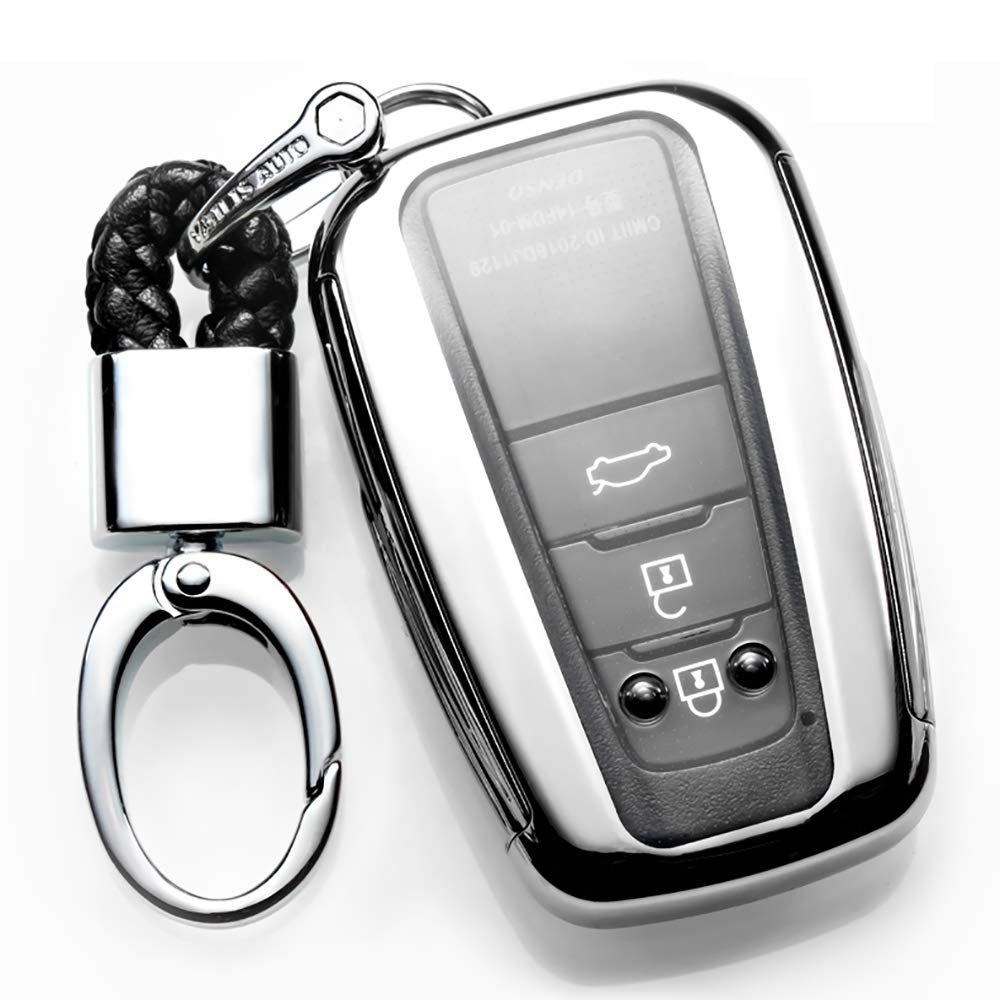 ontto Car Key Cover for Camry, Premium Soft silicone 360 Degree Full Protection Key Fob Case fit for Toyota Camry 3 4 Button Keyless Remote Control Smart Key Skin Jacket, silver