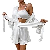 WADAYUYU Women’s 3 Piece Satin Pajama Set White Loungewear with Robe, Crop Cami Top and Ruffle Shorts Sleepwear for Women