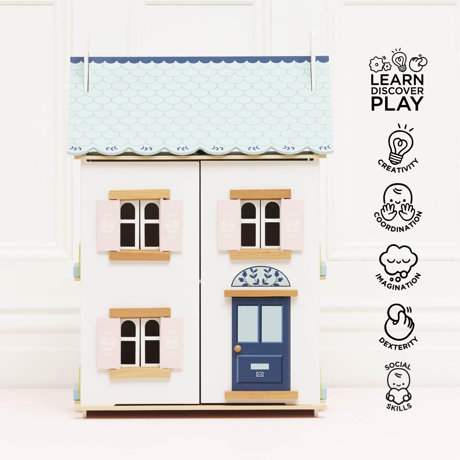 Le Toy Van – Blue Belle Wooden Doll House | Girls & Boys 3 Storey Wooden Dolls House Play Set - Suitable for Ages 3+