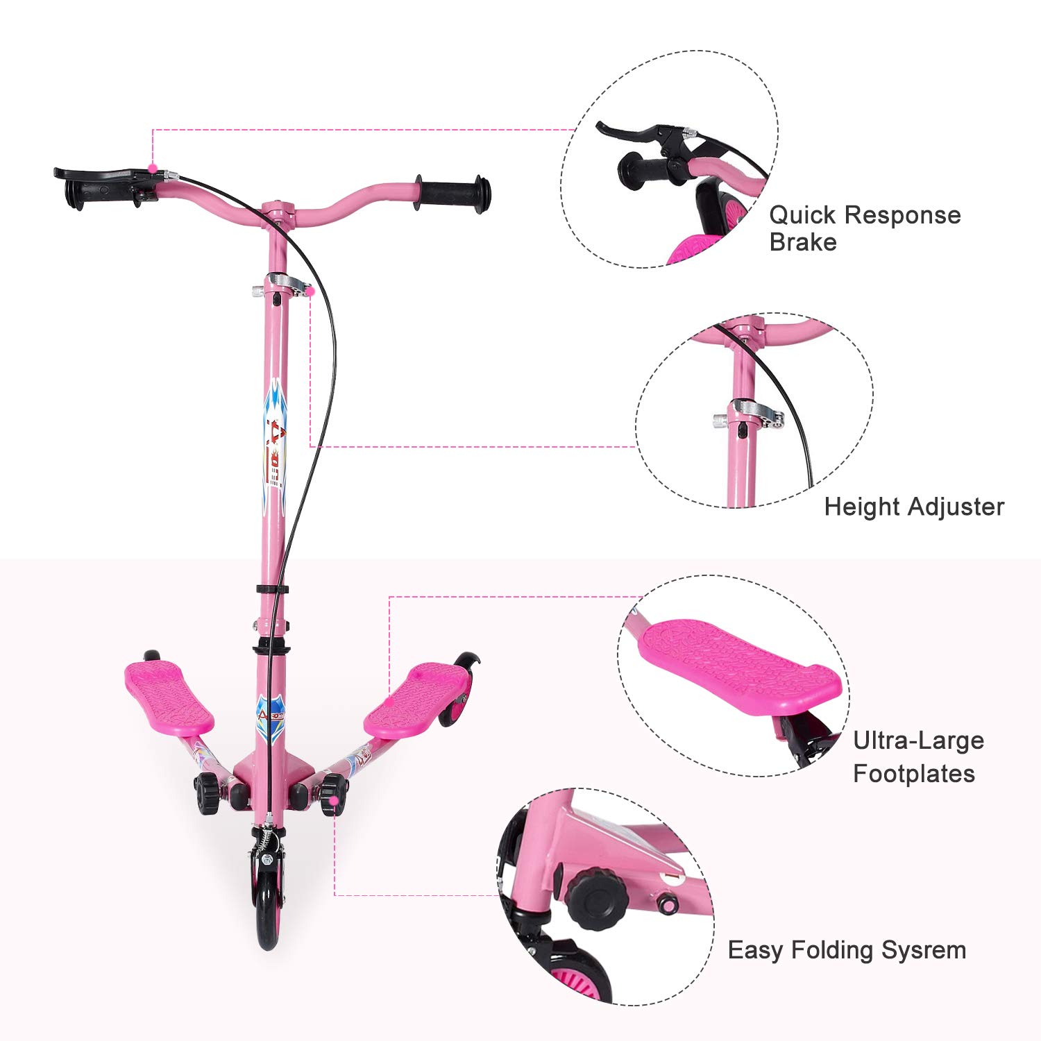 Kids Swing Scooter, 3 Wheels Drifting Scooter/Wiggle Scooters with Adjustable Height & Foldable for Boys/Girl/Ages 5-12 Years