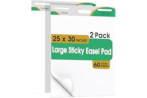CREGEAR 25 x 30 Inch Sticky Easel Pads, 2-Pack 30 Sheets/Pad Self-Stick Flip Chart Paper for Classrooms, Offices, and Presentations, Large Easel Paper Featuring Strong Adhesive & Bleed-Resistant