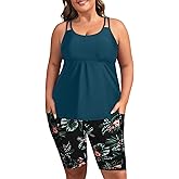 Plus Size Tankini Swimsuits - Athletic Two Piece Bathing Suits with Short for Women Swimwear with Pockets