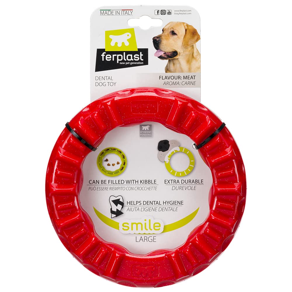 Ferplast Dog Toy, Dog Treat Dispenser Ring, Chew Toy, Made of Durable Material, Meat Flavoured, for Dog Dental Hygiene, SMILE Fitness Ring, Large Size Dog Toys, Red