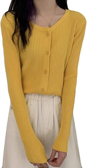 Amazon レディース トップス 春 秋 ファッション 薄手 ニット カーディガン レディース ニット ニット カットソー アウトドア 羽織 長袖 無地 セーター アウター イエロー レディース 通販