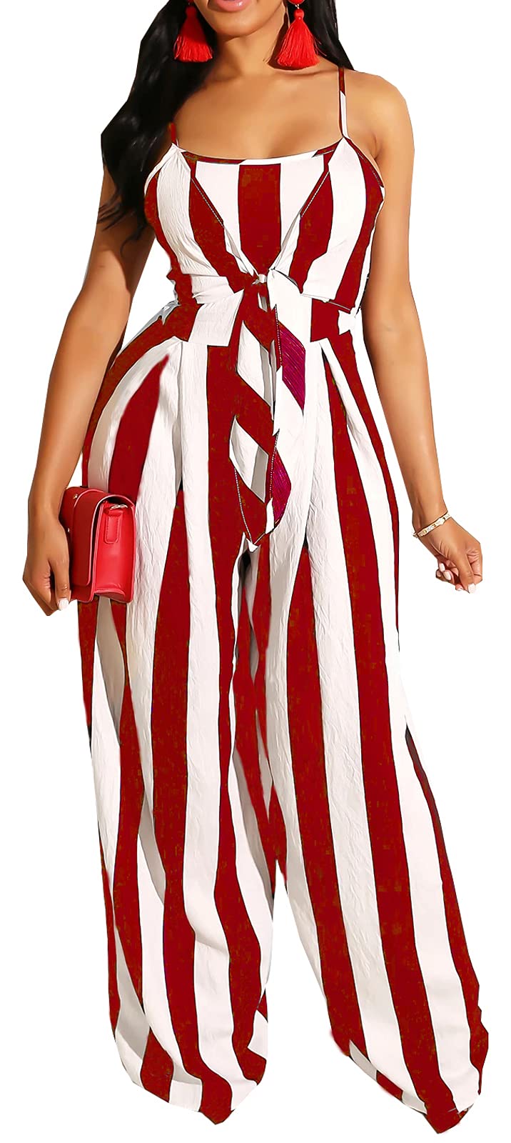 Photo 1 of *xl* SxClub Casual Sleeveless Backless Rompers for Women Sexy Spaghetti Strap Hollow Out Striped Loose Comfy Wide Leg Long Pants Jumpsuits Tie Front XL