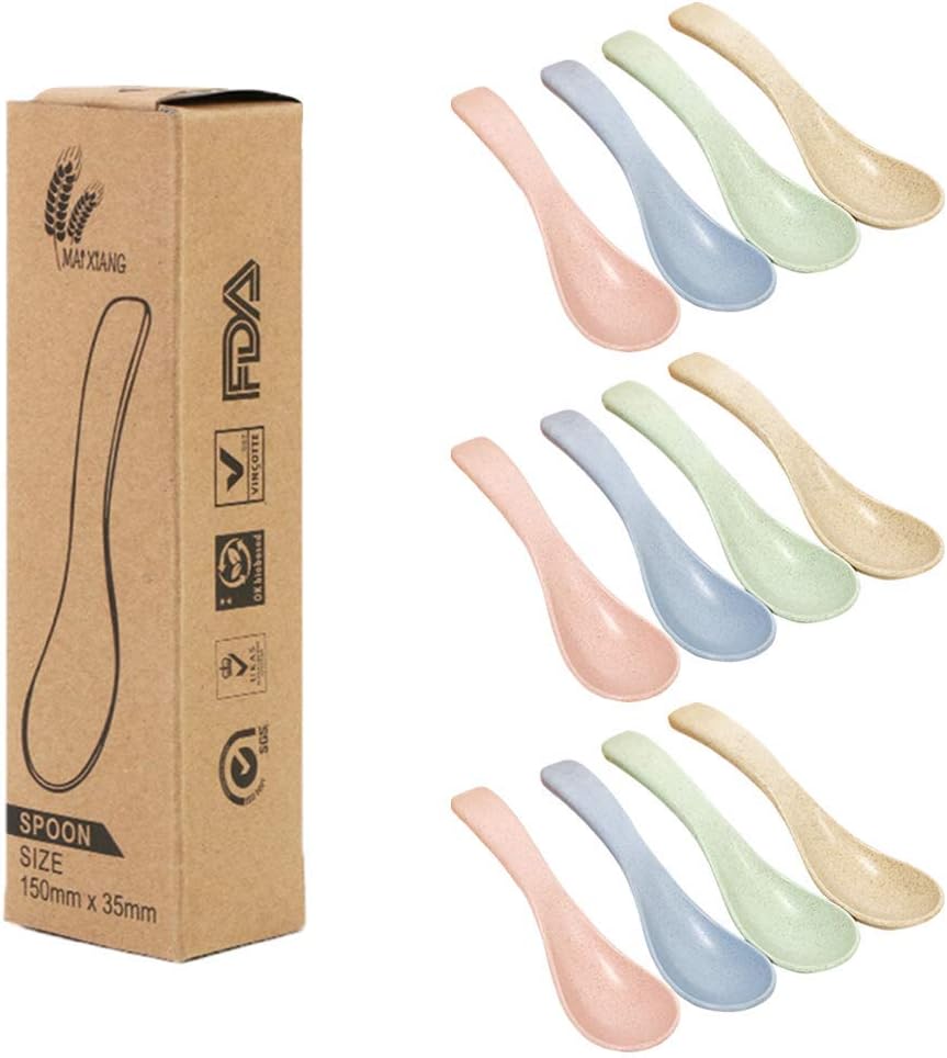 CUGBO 12 Pieces Wheat Straw Spoons, 15cm/5.9Inch Non-toxin BPA Free Meal Cutlery Set, Chinese Japanese WonTon Soup Spoons for Kid Children Toddler or Adult(4 Colors)