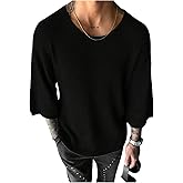 Verdusa Men's Drop Shoulder 3/4 Sleeve Sweaters Crew Neck Ribbed Knit Tops