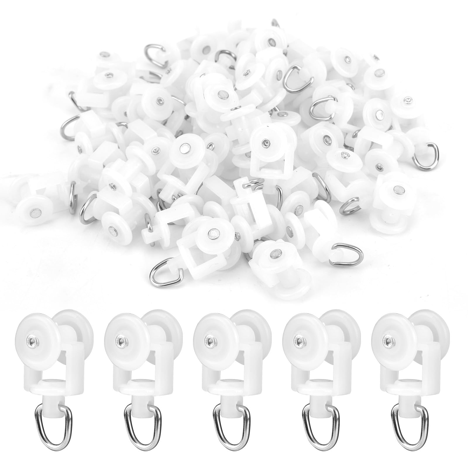 Photo 1 of 100pcs Curtain Track Glider Rolling Hooks Pins, Curtain Pelmet Rail Ceiling Privacy Clips Plastic Runners Smooth Gliding Supplies for Window Shower Bathroom Accessories (White)