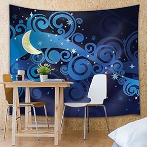 Blue Spirals with The Moon and Stars - Fabric Tapestry, Home Decor - 51x60 inches