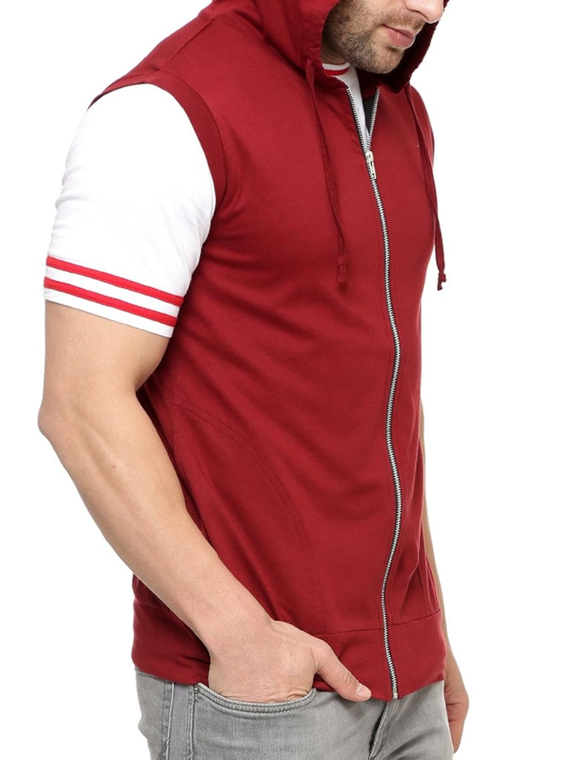 gritstones stylish maroon cut sleeve hooded jacket