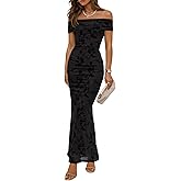 ZESICA Women's Summer Off Shoulder Floral Bodycon Maxi Dress 2026 Ruched Elegant Formal Cocktail Wedding Guest Long Dresses