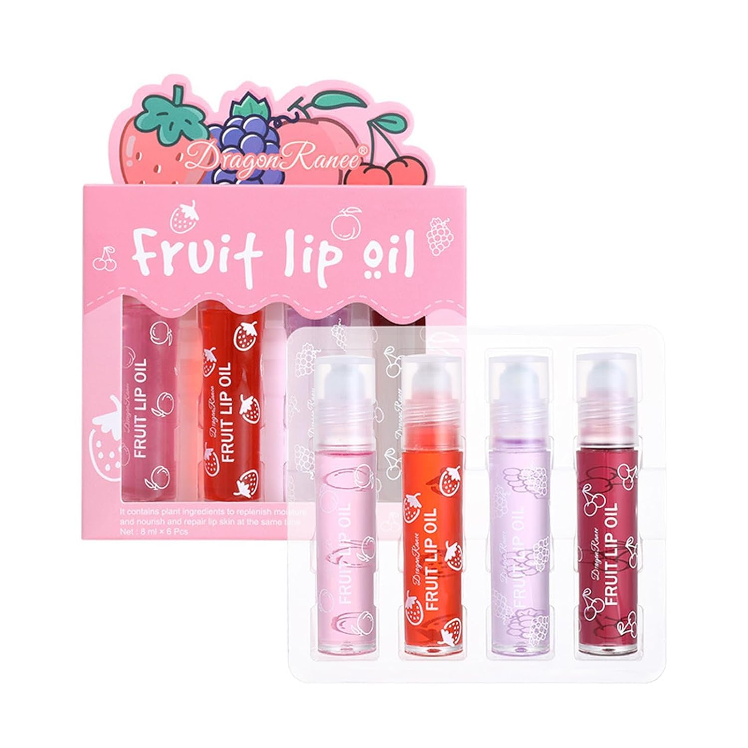 4Pcs Roll On Lip Oil Hydrating Lip Gloss Set, Lip Shine Fruit Lip Gloss, Transparent Plumping Lip Gloss Natural Shiny, Crystal Jelly Liquid Lipstick Long Lasting Lip Care for Women & Girl
