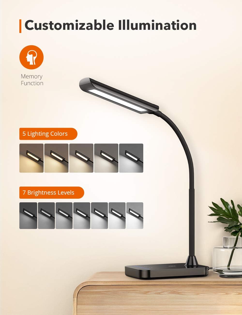 TaoTronics LED Desk Lamp, TT-DL11 Flexible Gooseneck Table Lamp, 5 Color Temperatures with 7 Brightness Levels, USB Charging Port, Memory Function, 7W, Official Member of Philips EnabLED Licensing Program - - 