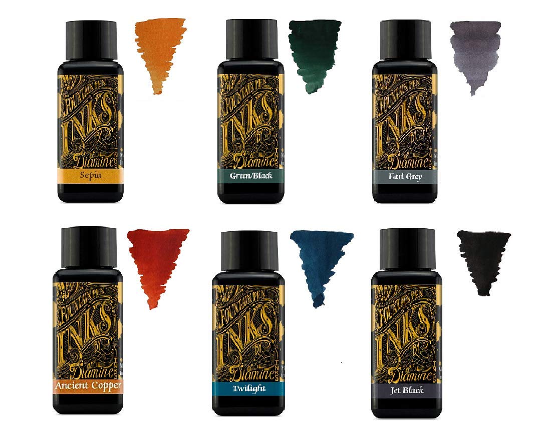 Diamine Fountain Pen Ink 30 ml - Base Colour - 6 x Bottles - Sepia, Green Black, Earl Grey, Ancient Copper, Twilight, Jet Black