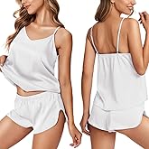 Ekouaer Silk Pajamas for Women Satin Cami Pjs Set V Neck Camisole Shorts Set Adjustable Strap Sleepwear