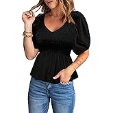 Acelitt Women's Spring Summer Puff Short Sleeve Peplum Top Casual V Neck Smocked Blouses Dressy Shirt