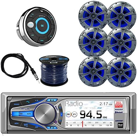 Dual Bluetooth Receiver with Dual 2-way Marine Speakers with Blue Light LED 3-Pairs, Dual Waterproof Marine Wired Remote Control, Enrock Marine 50 Foot 16 Gauge Speaker Wire &amp; Enrock Marine Antenna