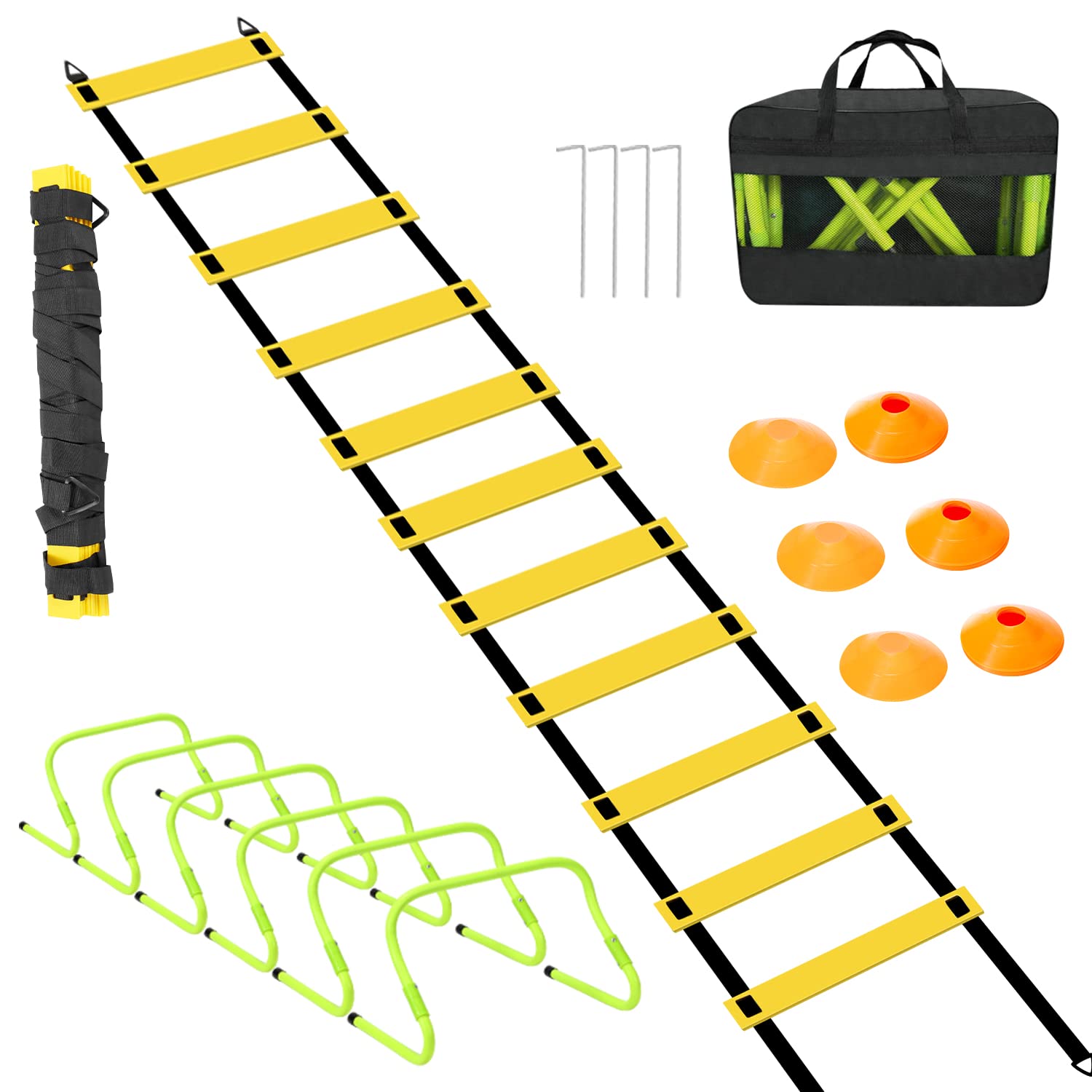 Vigevee Speed & Agility Training Set Echelle de Coordination, Kit d'entraînement Comprend 1 échelle d'agilité, 6 Obstacles réglables, 12 disques cônes, Sac de Rangement