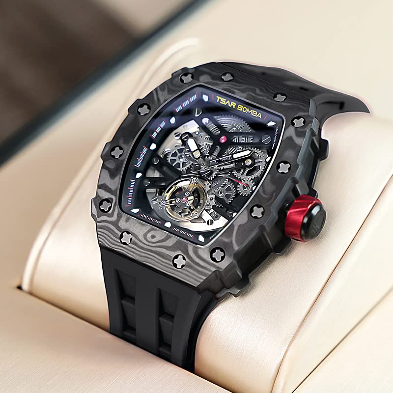 TSAR BOMBA Watch for Men, 50M Waterproof Automatic Mens Watch, Skeleton Mechanical Tonneau Big Face Dial Black Watch with Silicone Watch Bands, Gifts for Men