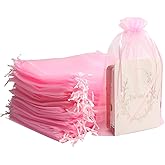 Uigidori 100 Pcs Premium Organza Bags, 8 x 12 Inches Sheer Organza Gift Pouches with Drawstring, Large Mesh Favor Bags for Wedding Favors, Party, Jewelry, Christmas, Makeup Wrapping Supplies (Pink)