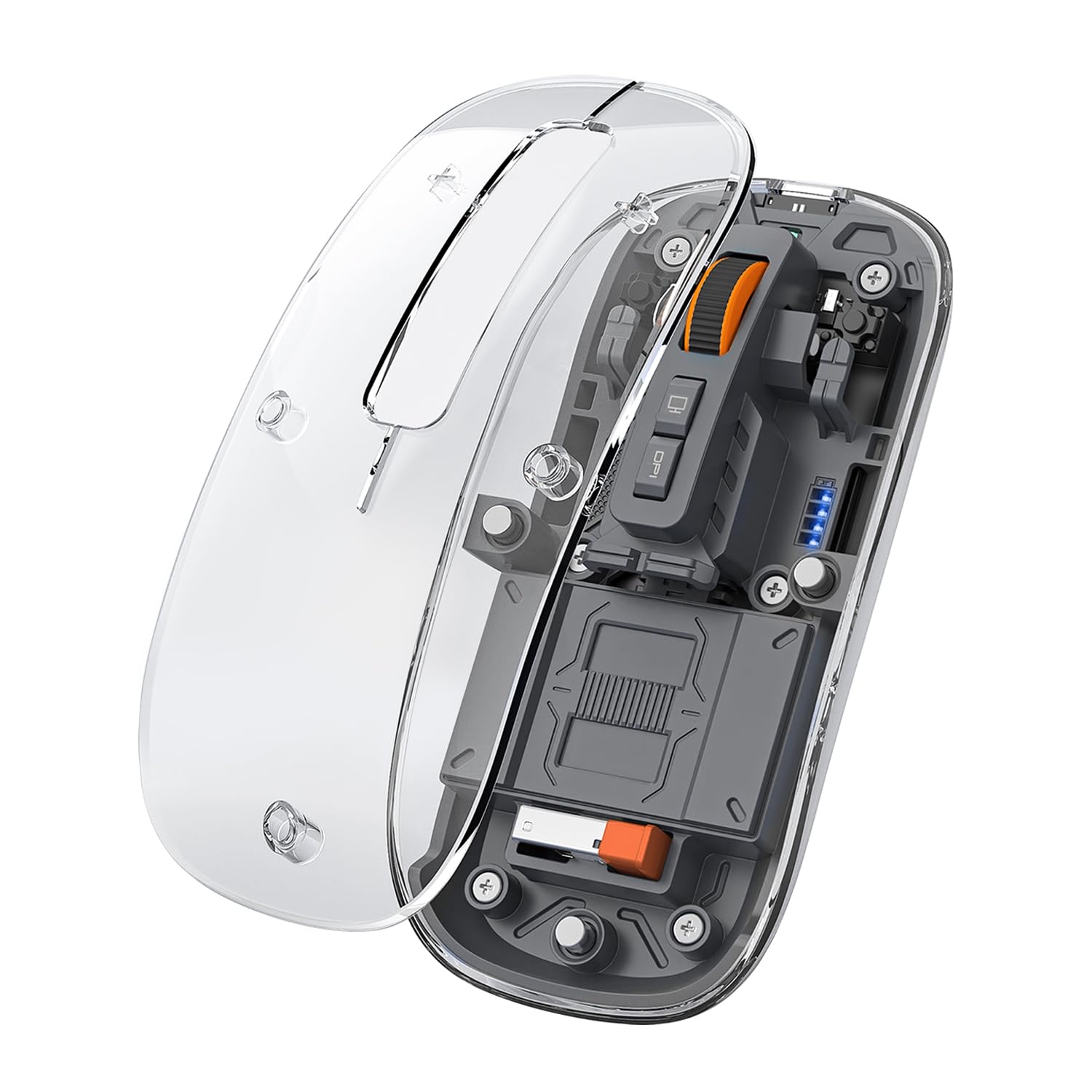 Photo 1 of FMOUSE Sleek Transparent Magnetic Wireless Mouse - 3-Mode Connectivity (Dual Bluetooth + USB), DPI Adjust & One-Key Desktop Access, for MacBook/pc/iPad/Laptop (Grey)