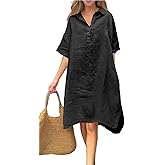 CHOUYATOU Women's Summer Casual Linen Beach Tunic Dress Loose High Low Midi Long Polo T Shirt Dress