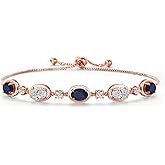 Gem Stone King 18K Rose Gold Plated Silver Blue Sapphire and and Lab Grown Diamond Bracelet For Women | 4.80 Cttw | Gemstone September Birthstone | Oval 7X5MM | Fully Adjustable 9 Inch