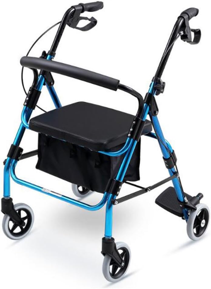 Walker Aluminium Alloy Seat Folding Rollator Four-Wheeler Pushing Old Shopping Cart, Blue